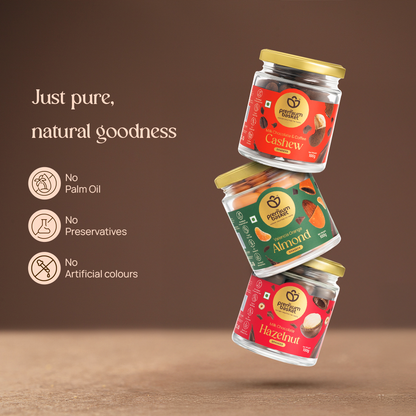 Stacked dragee jars: Cashew, Almond and Hazelnut, milk chocolate, 100 g