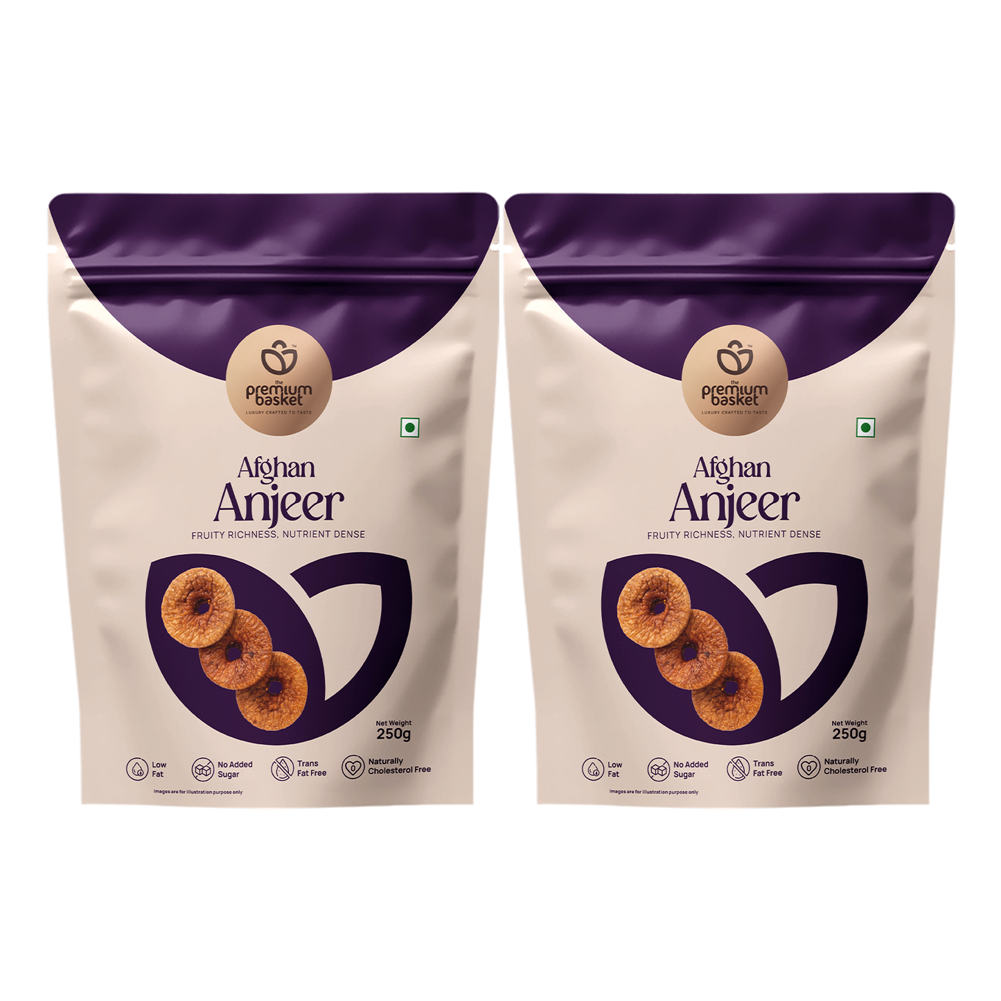 Two Afghan Anjeer pouches with purple seal tops and beige bodies, 250g each