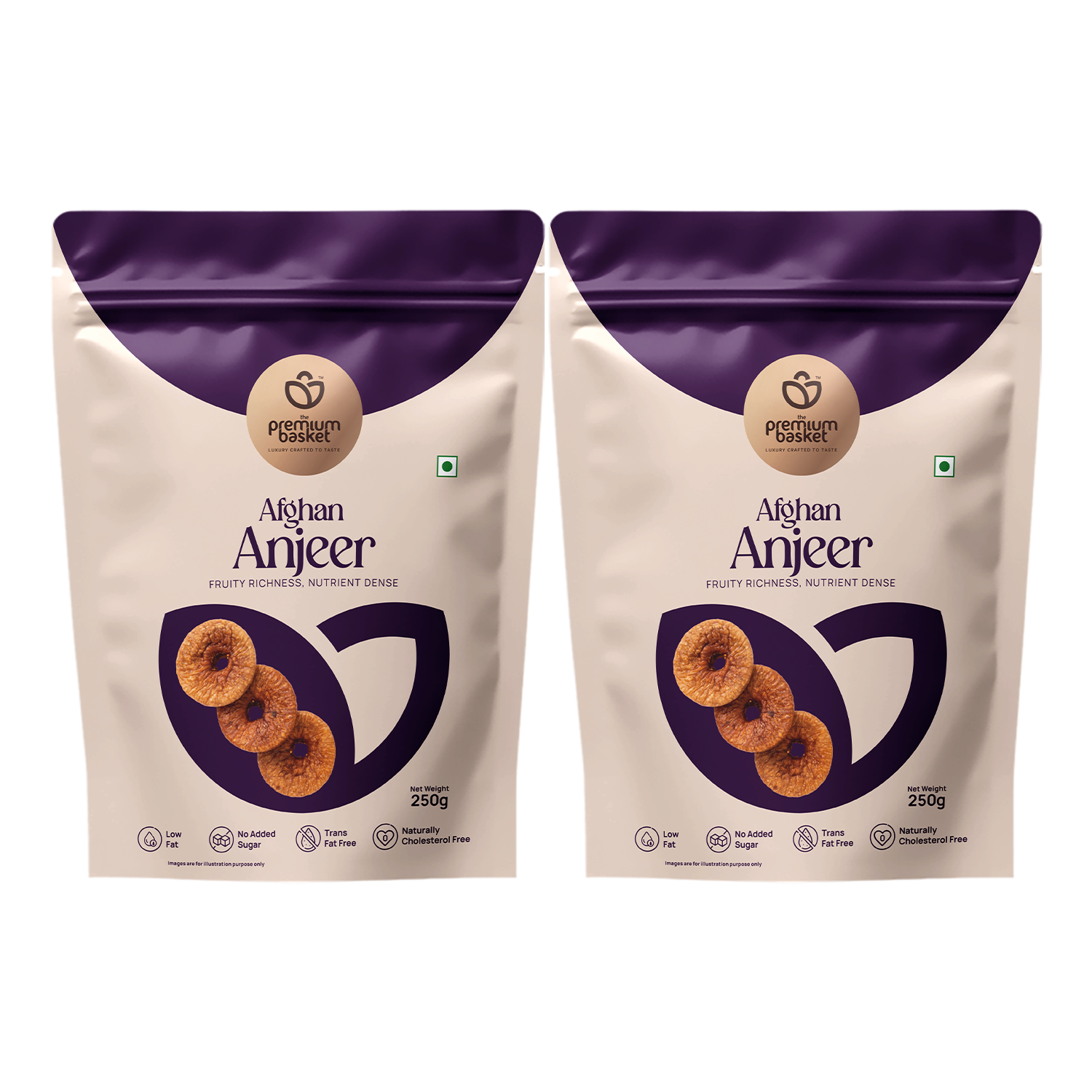 Two Afghan Anjeer pouches with purple seal tops and beige bodies, 250g each