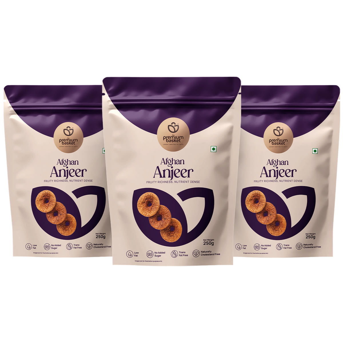 Afghan Anjeer dried fig pouches, purple and cream, pack of 3