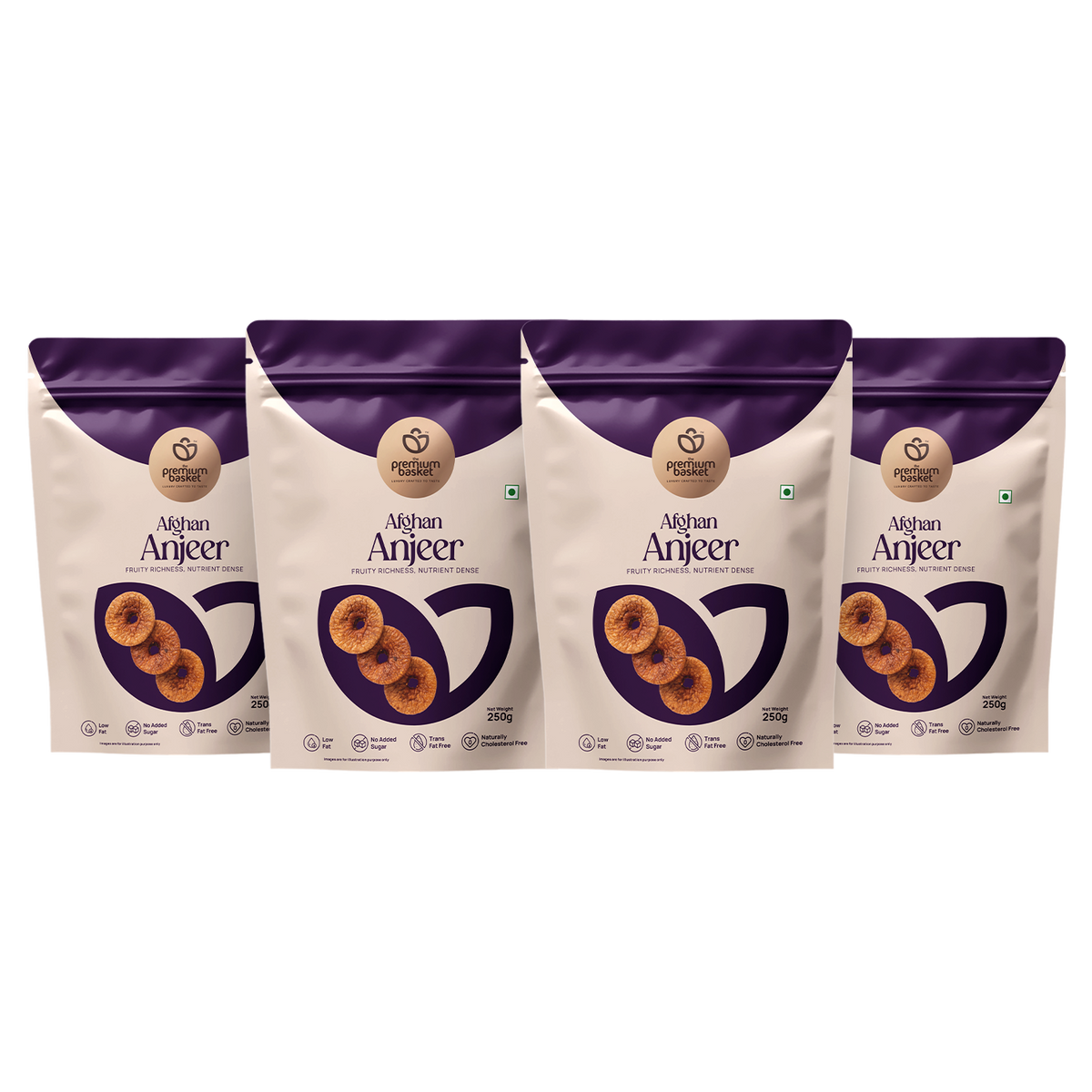 Afghan Anjeer dried fig pouches, purple and cream, pack of 4