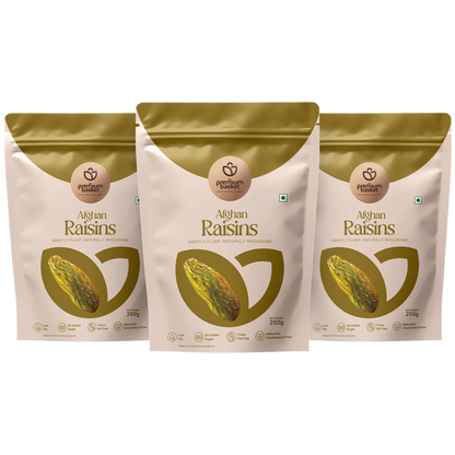 Afghan raisin pouches, three-pack assortment in white and gold packaging