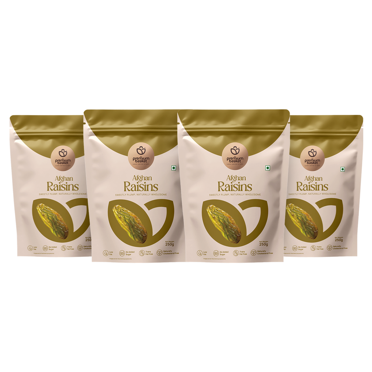Afghan raisin pouches, four-pack assortment in white and gold packaging