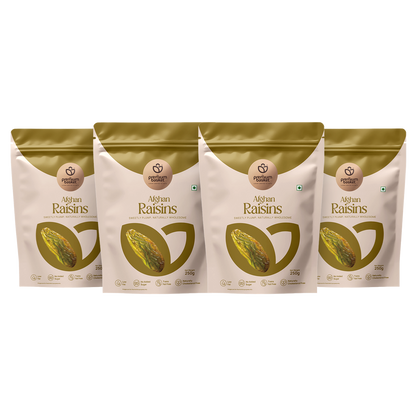 Afghan raisin pouches, four-pack assortment in white and gold packaging