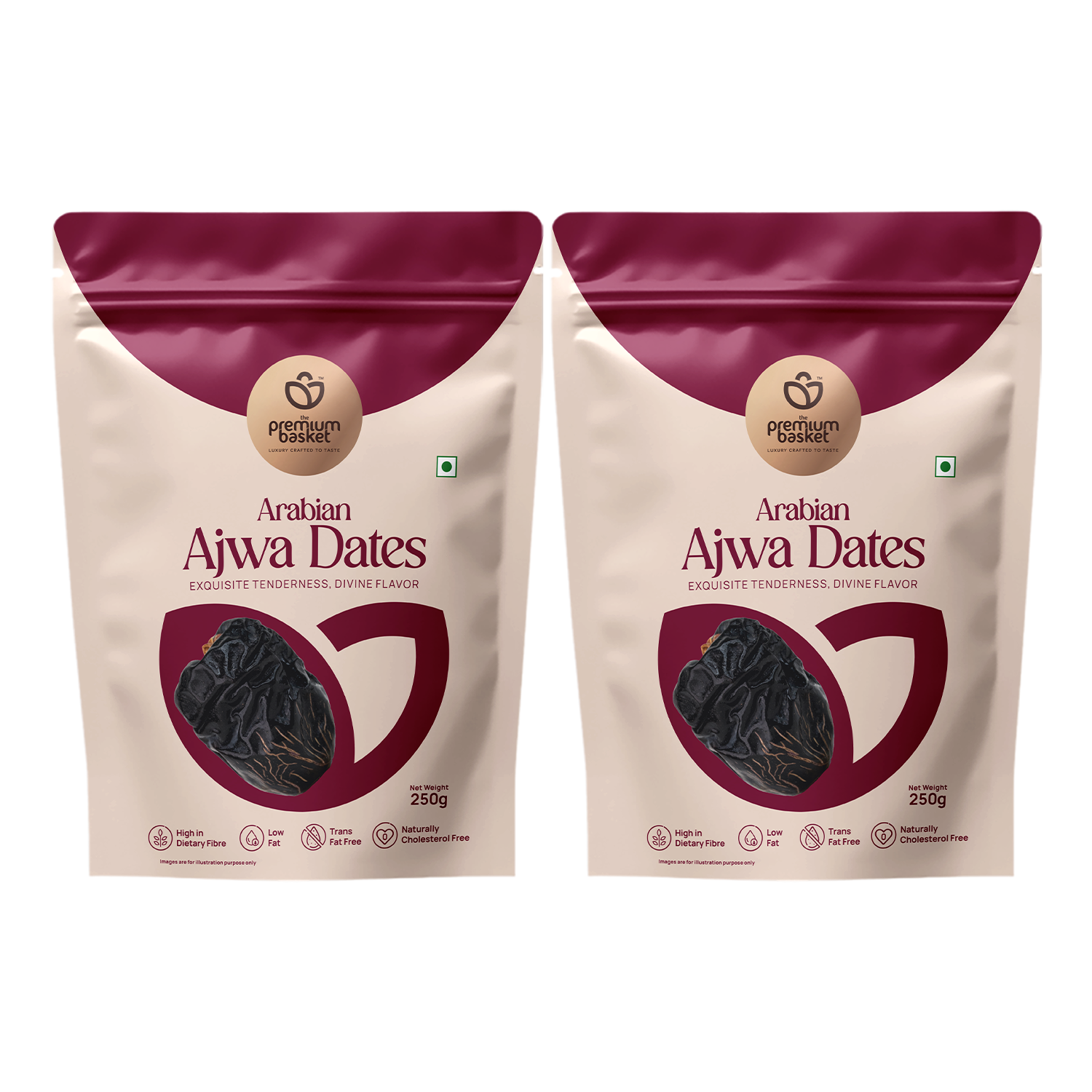 Ajwa dates pack pouches, two front views with dark date fruit