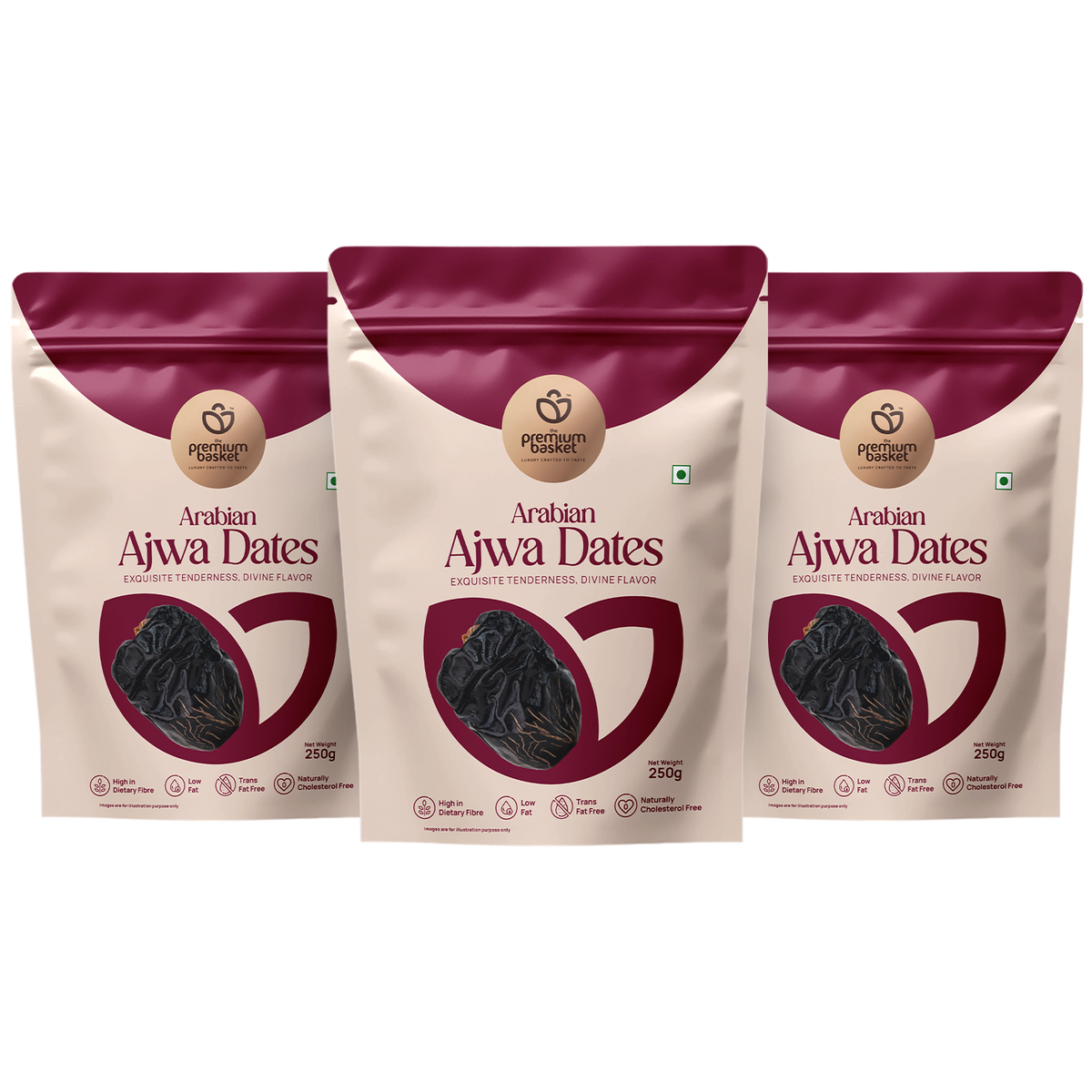 Arabian Ajwa Dates: three maroon-and-cream date pouches