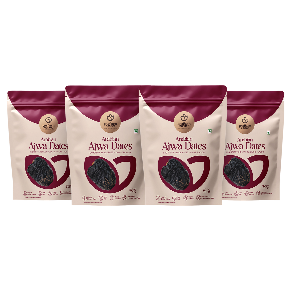Arabian Ajwa Dates: four maroon-and-cream date pouches