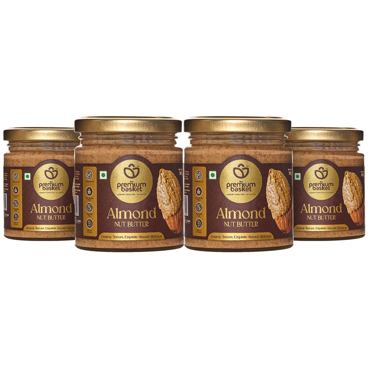 Almond nut butter jars, amber glass with gold lids and brown label, four-pack view