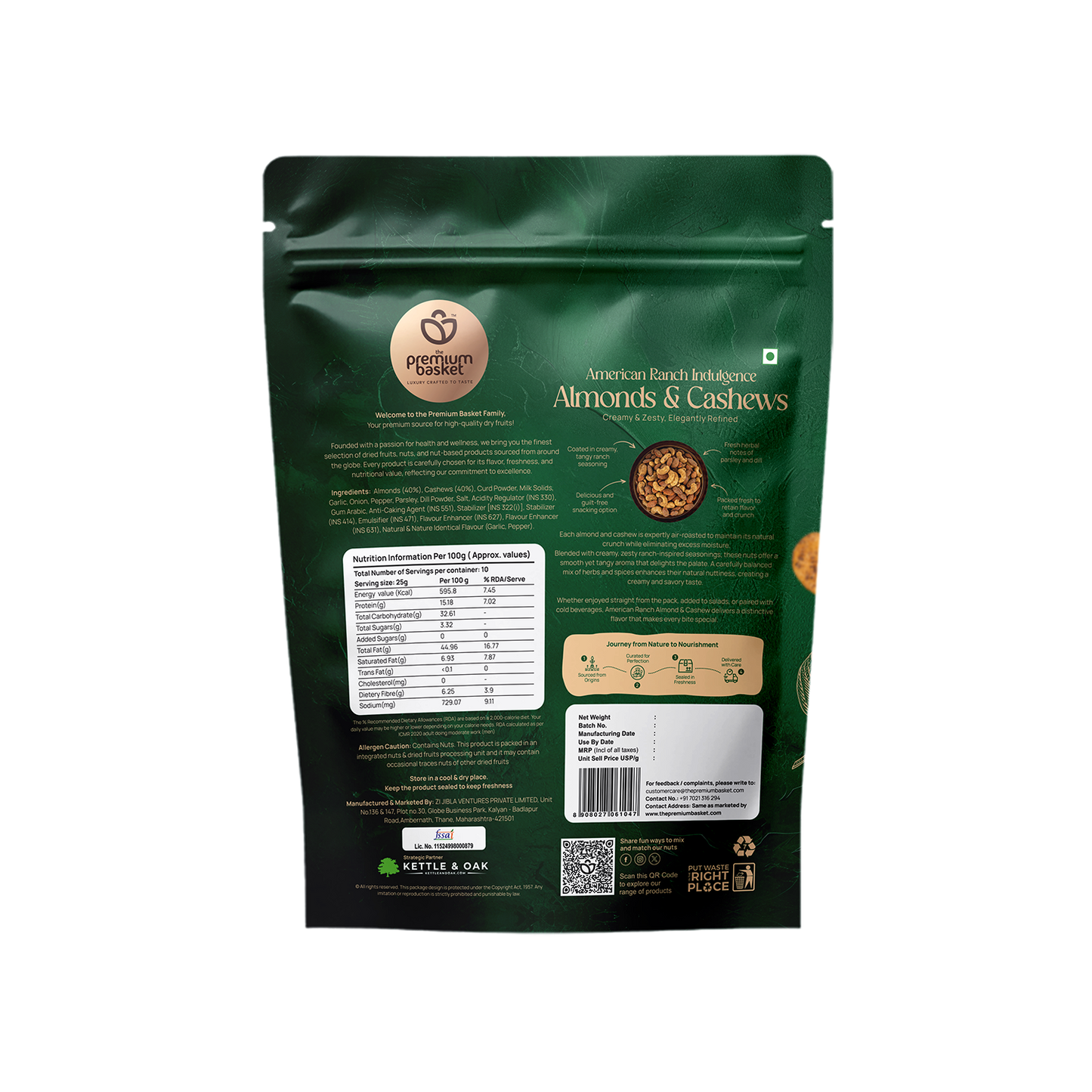 Almonds & cashews snack pouch, green back with barcode and nutrition panel