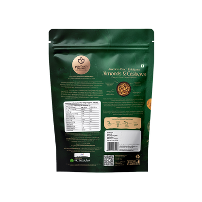 Almonds & cashews snack pouch, green back with barcode and nutrition panel
