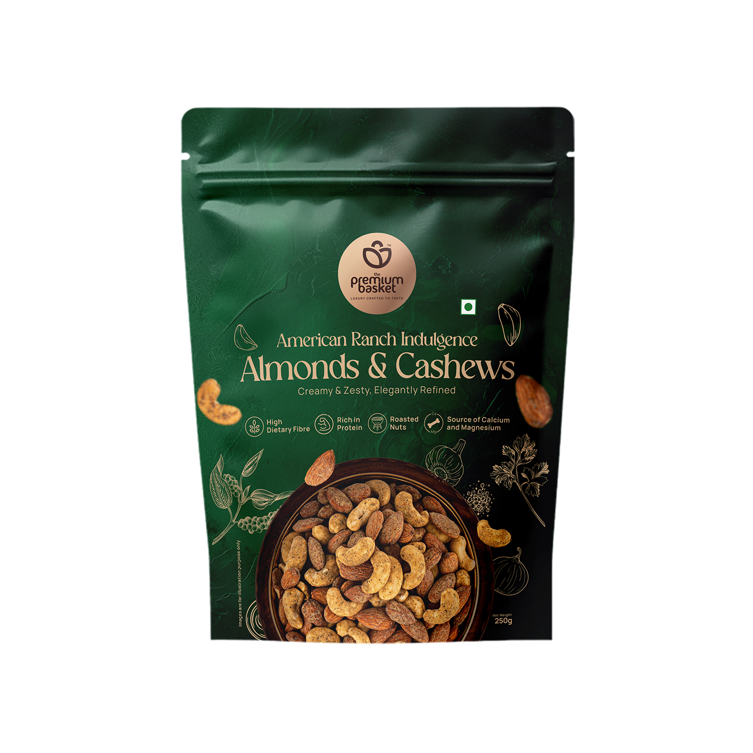 Almonds & cashews snack pouch, green front with nut bowl graphic and cashews