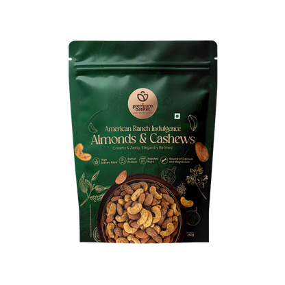 Almonds & cashews snack pouch, green front with nut bowl graphic and cashews