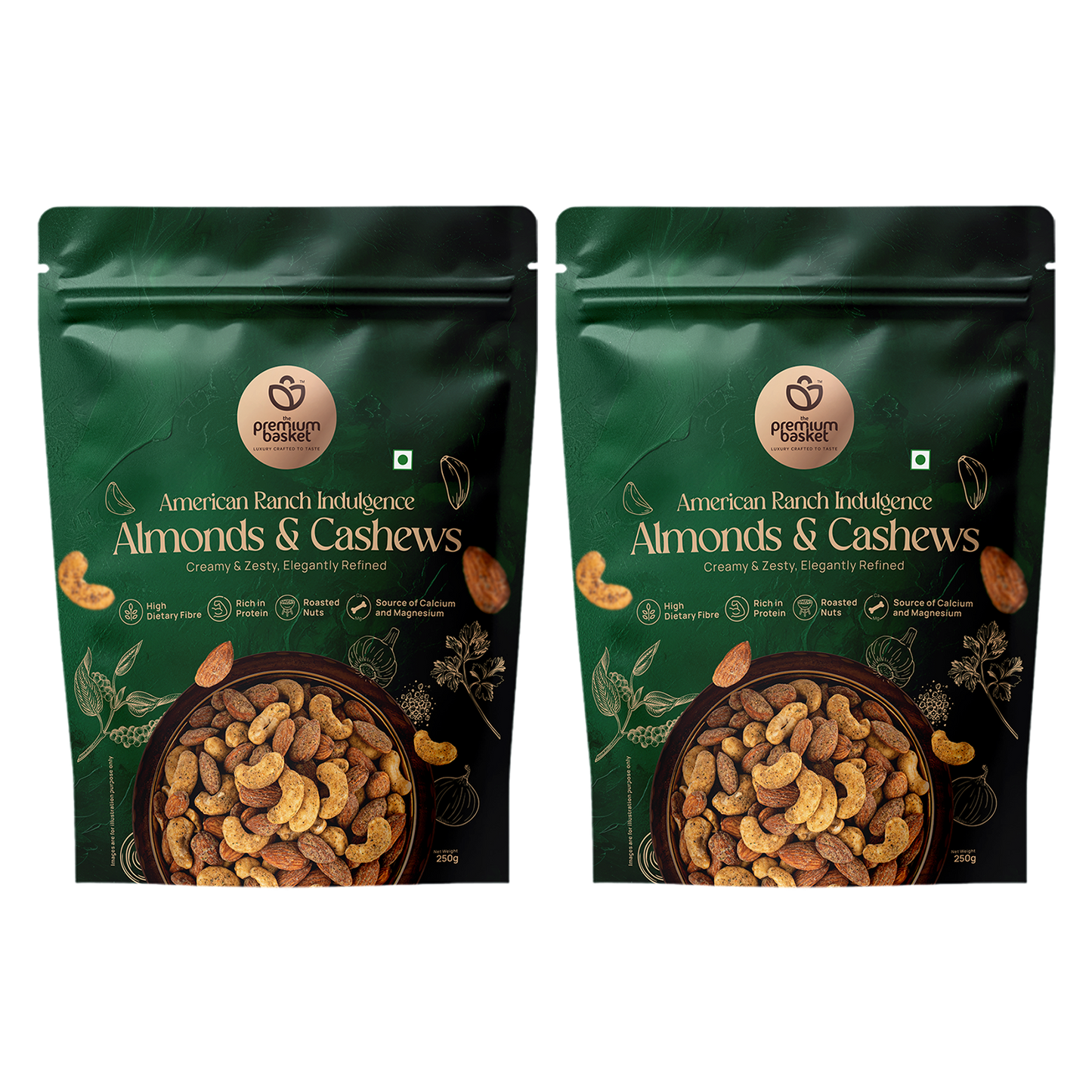 Almonds & cashews snack pouches, green twin pack with roasted nuts on front