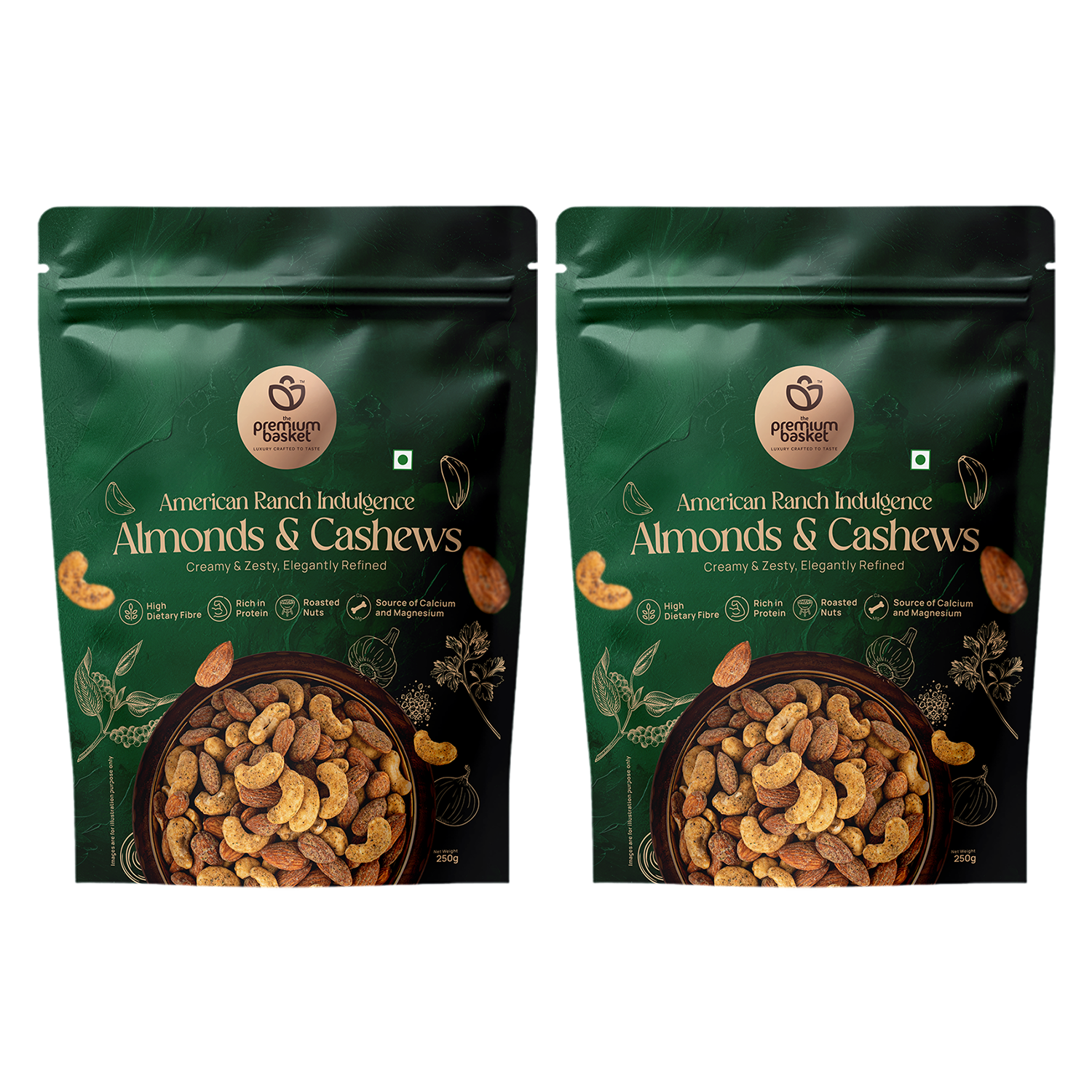 Almonds & cashews snack pouches, green twin pack with roasted nuts on front
