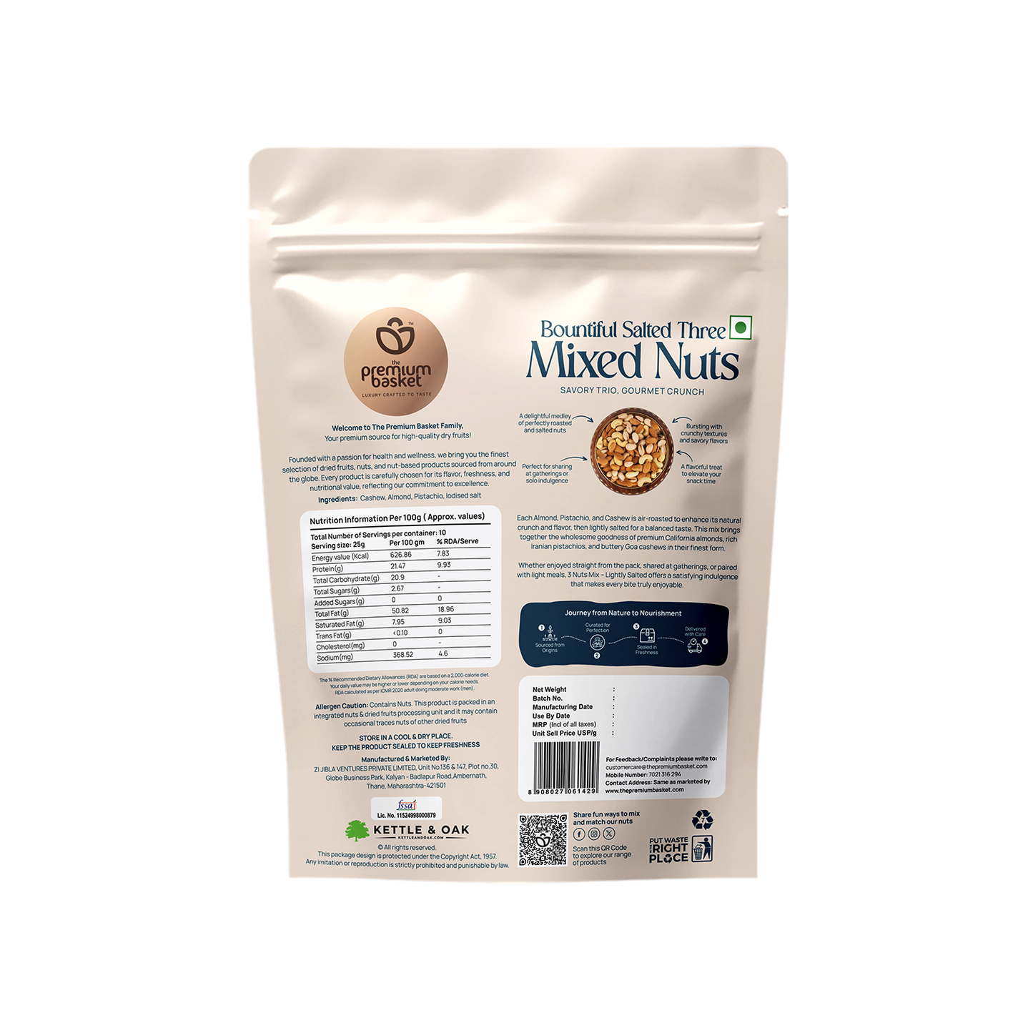 Back of sealed salted mixed nuts pouch with nutrition and barcode