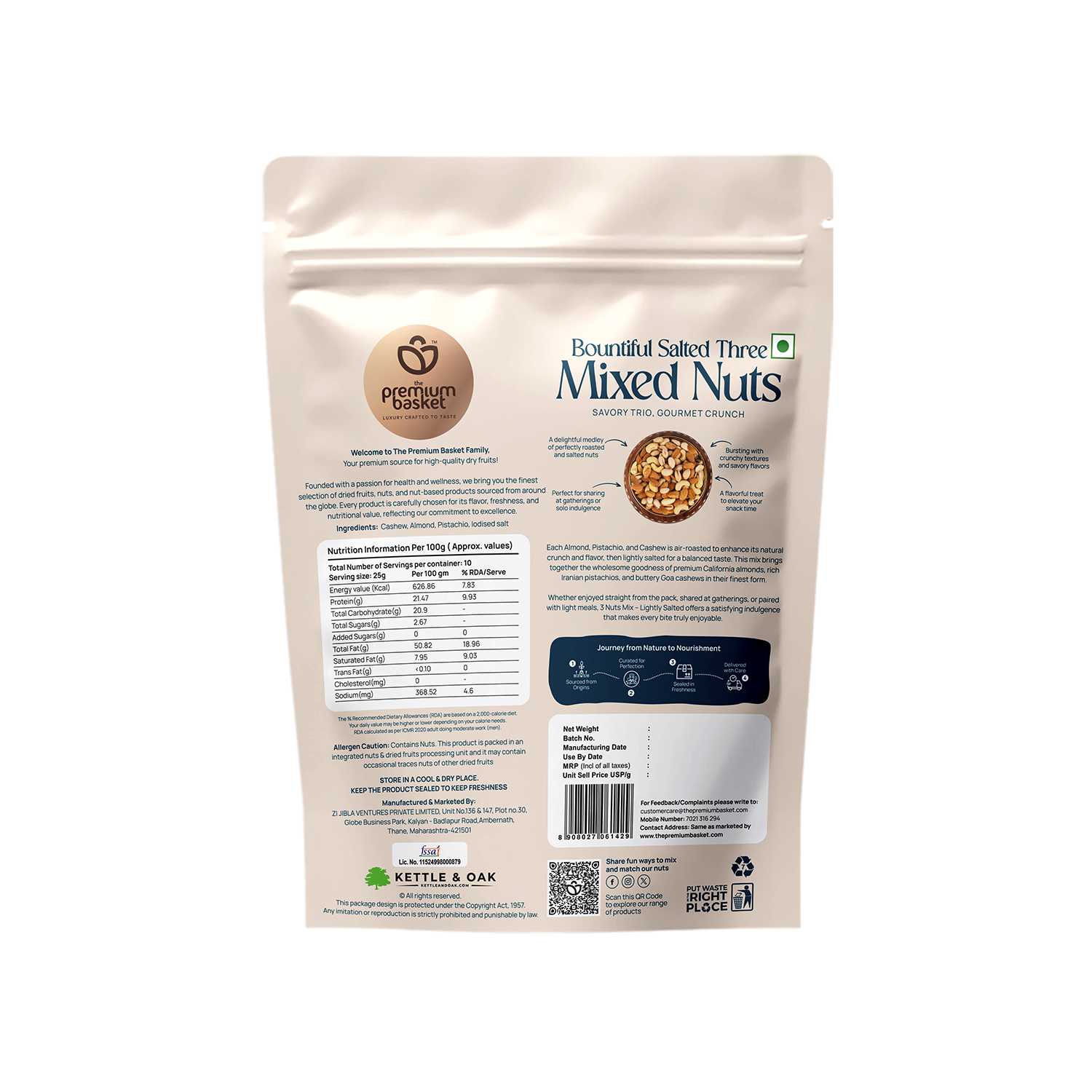 Back of sealed salted mixed nuts pouch with nutrition and barcode