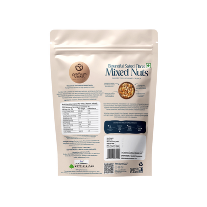 Back of sealed salted mixed nuts pouch with nutrition and barcode