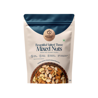 Front of sealed salted mixed nuts pouch with product details