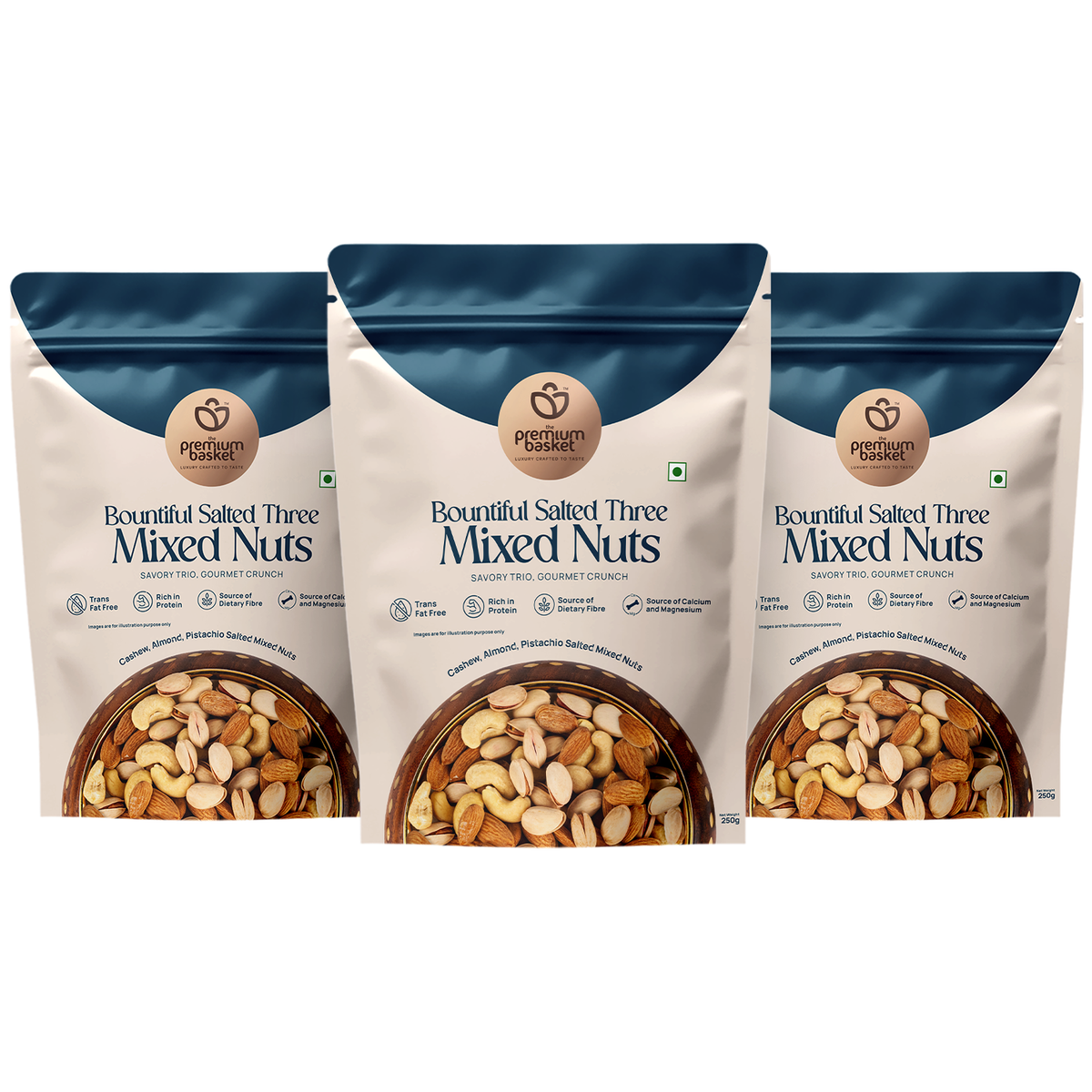 Salted mixed nuts foil pouches, three pack, blue-and-white bags