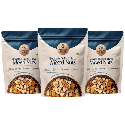 Salted mixed nuts foil pouches, three pack, blue-and-white bags