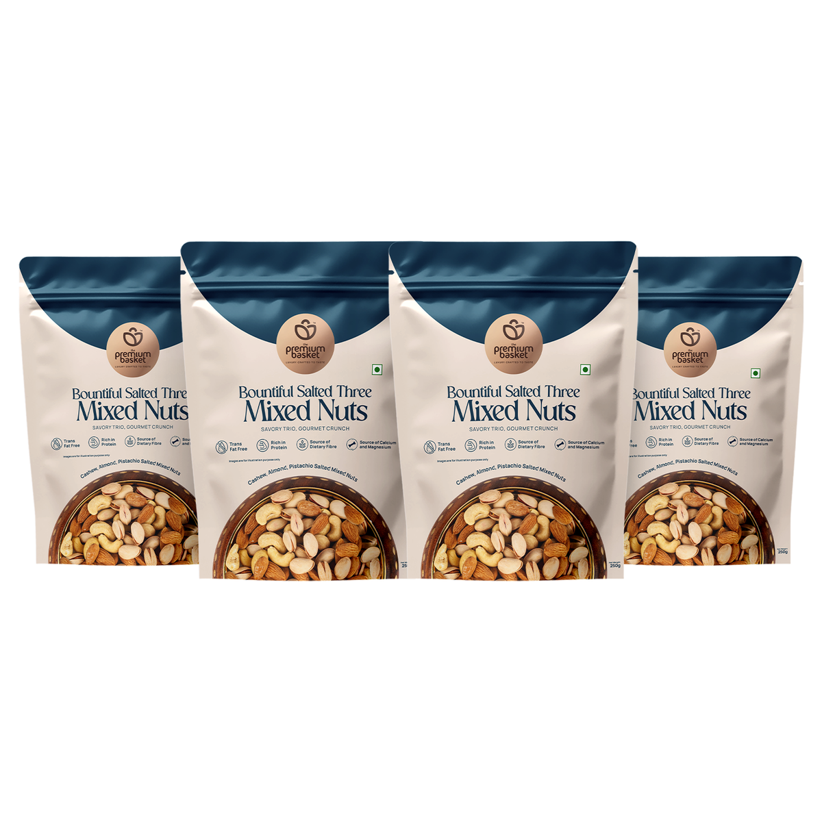 Salted mixed nuts foil pouches, four pack, blue-and-white bags