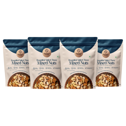 Salted mixed nuts foil pouches, four pack, blue-and-white bags