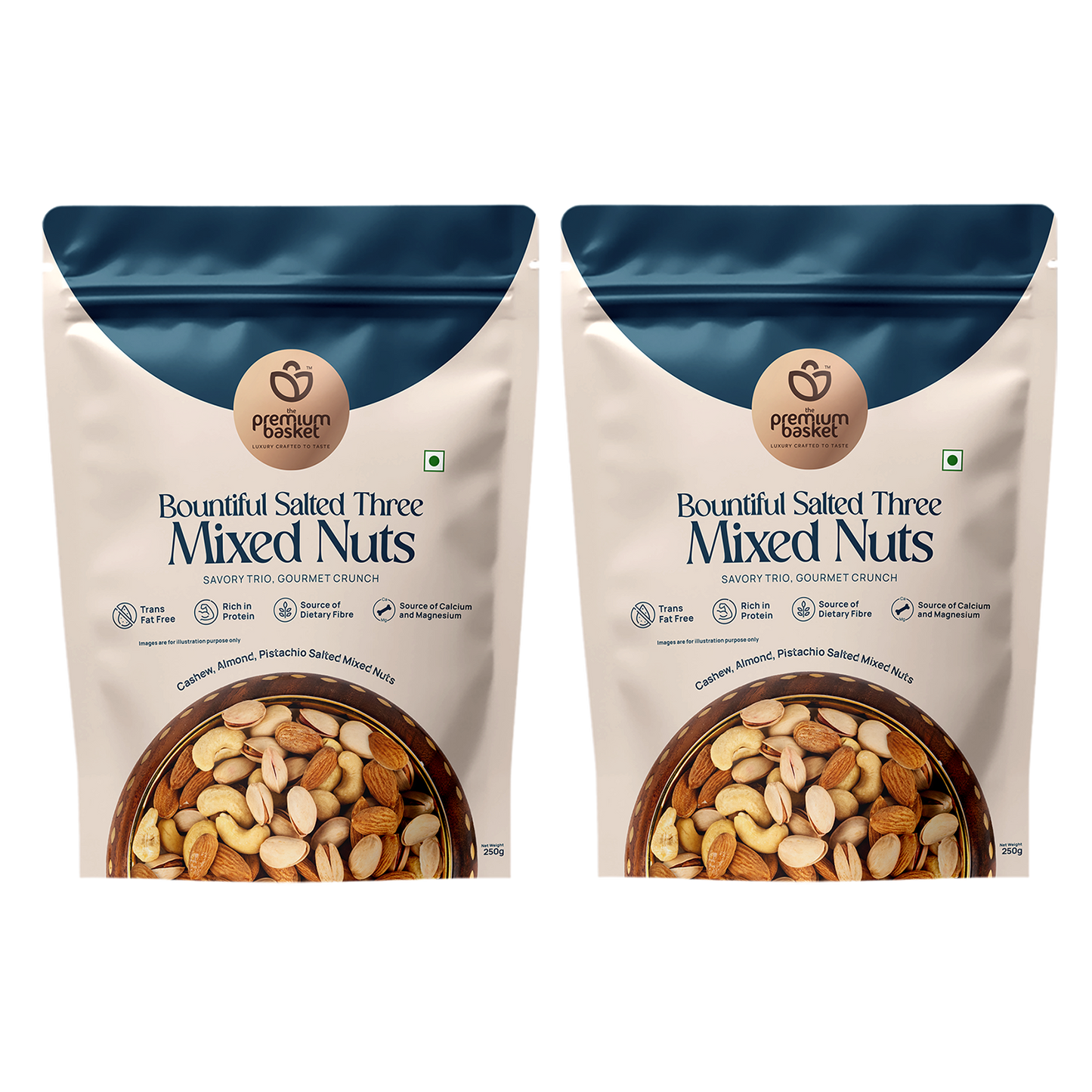 Two front-facing sealed salted mixed nuts pouches side by side