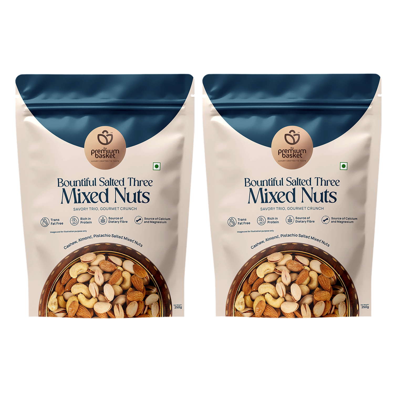 Two front-facing sealed salted mixed nuts pouches side by side