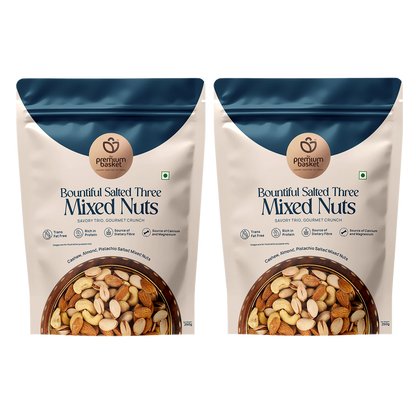 Two front-facing sealed salted mixed nuts pouches side by side