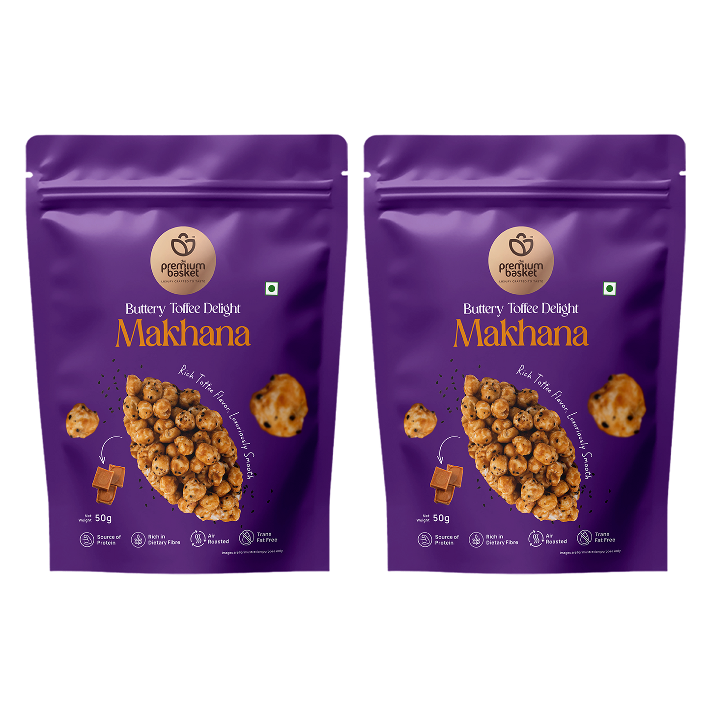 Two purple makhana snack pouches side by side