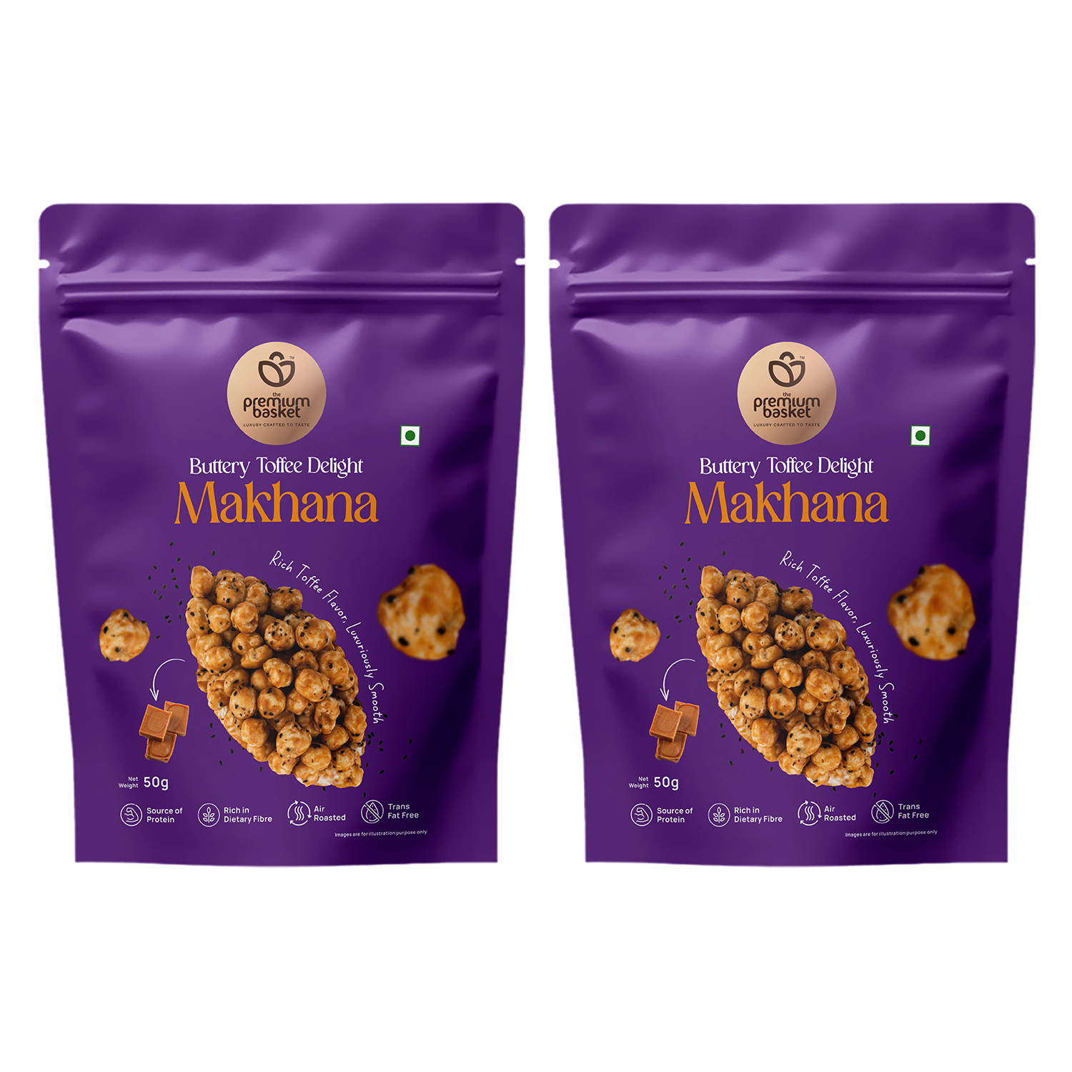 Two purple makhana snack pouches side by side