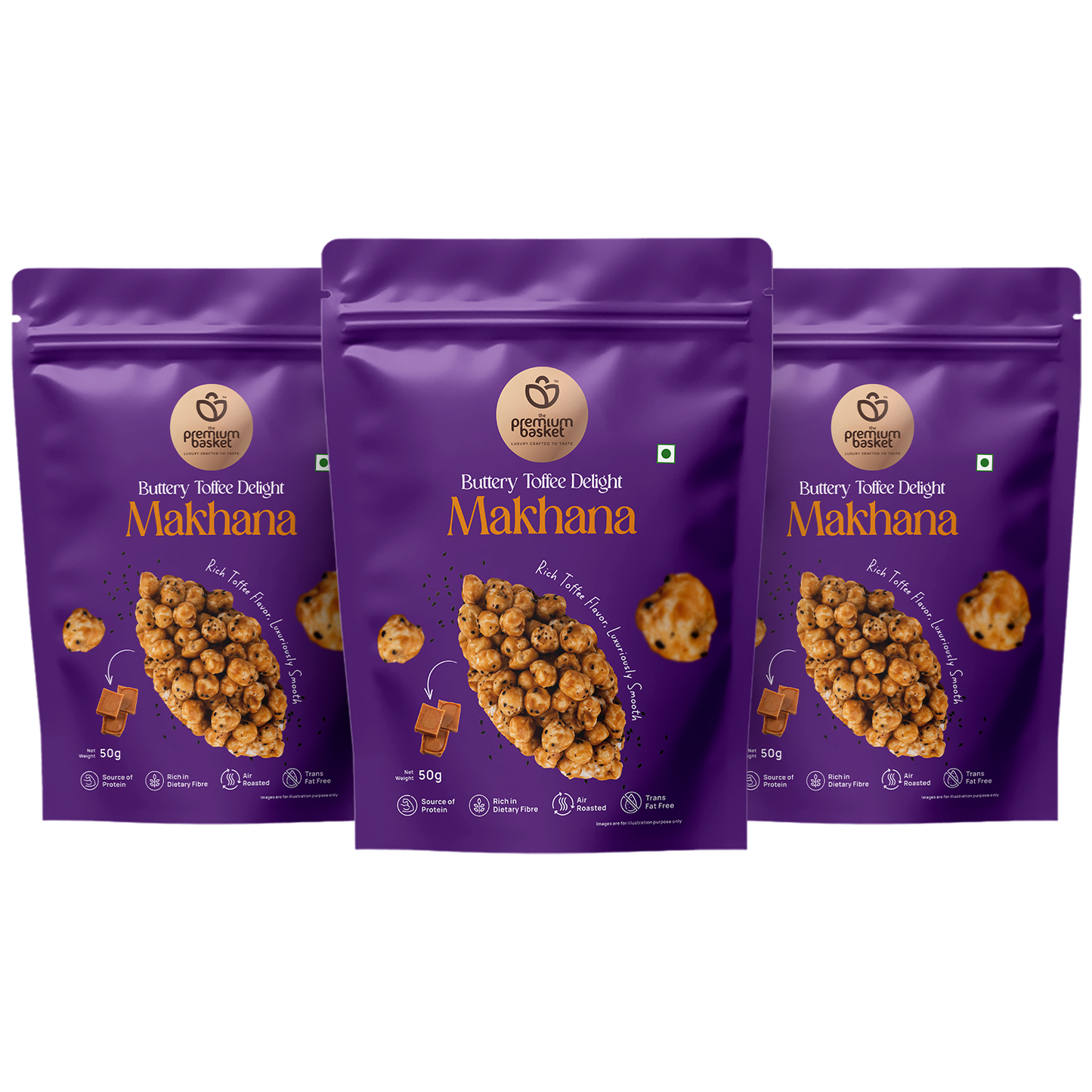 Three purple makhana snack pouches arranged in a row