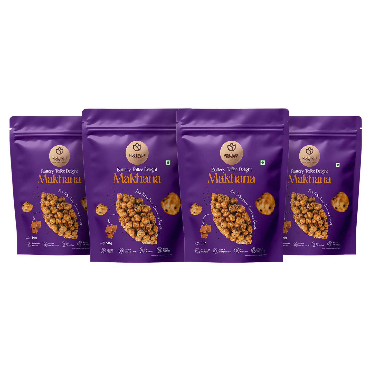 Four purple makhana snack pouches lined up
