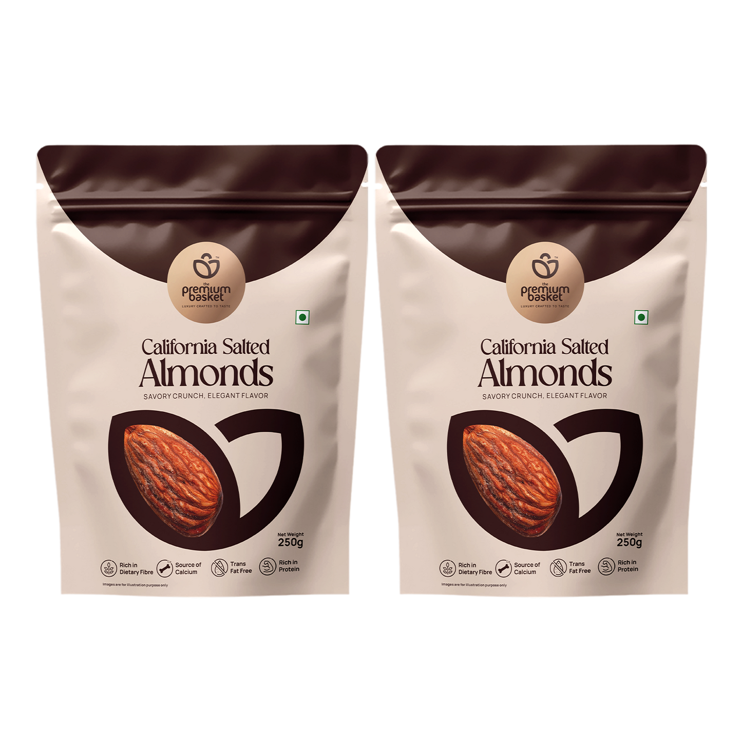 Salted almonds pouches, two front views with almond illustration, 250g each