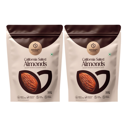 Salted almonds pouches, two front views with almond illustration, 250g each