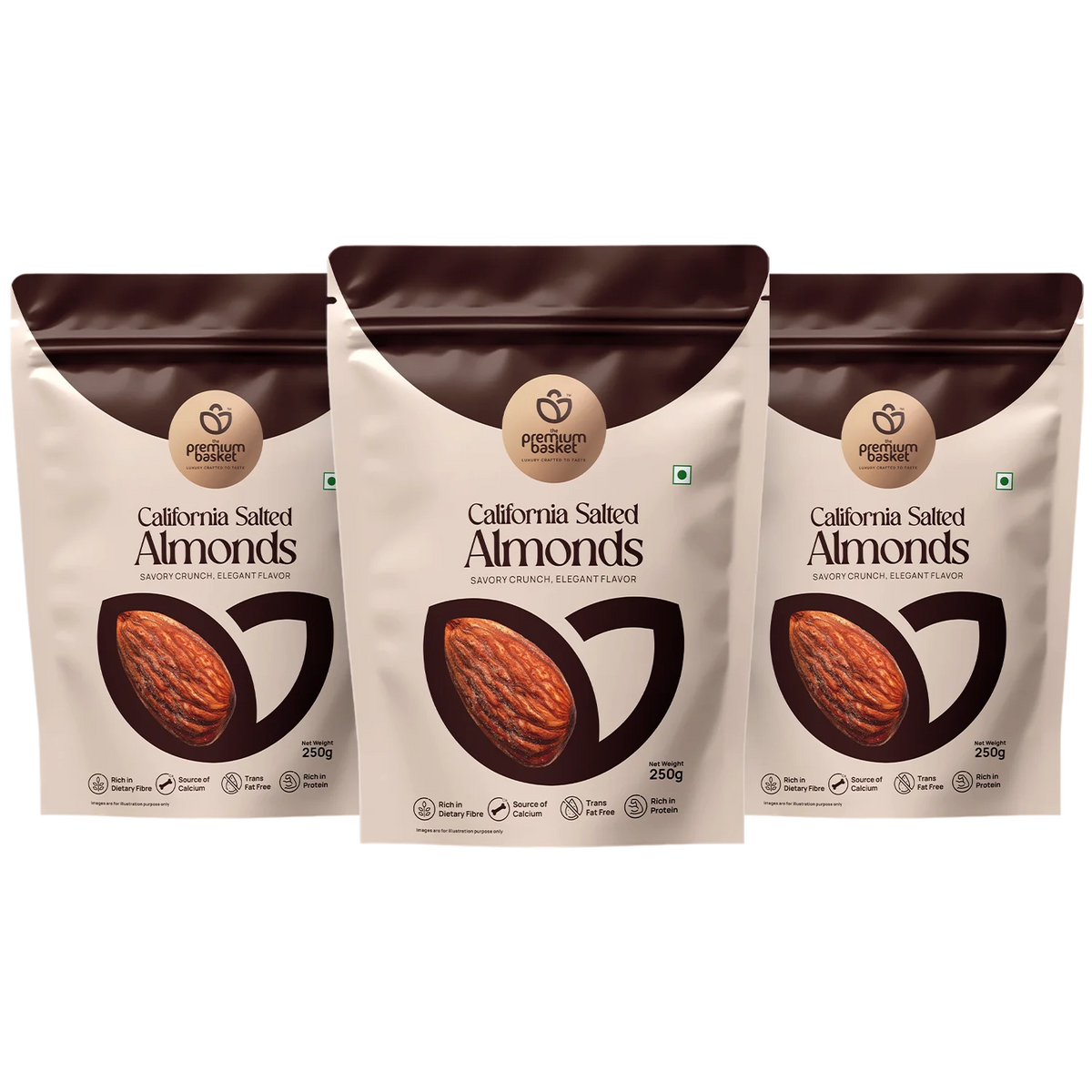 Three stand-up pouches of salted almonds, premium gold, 250g each
