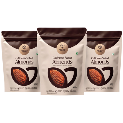 Three stand-up pouches of salted almonds, premium gold, 250g each