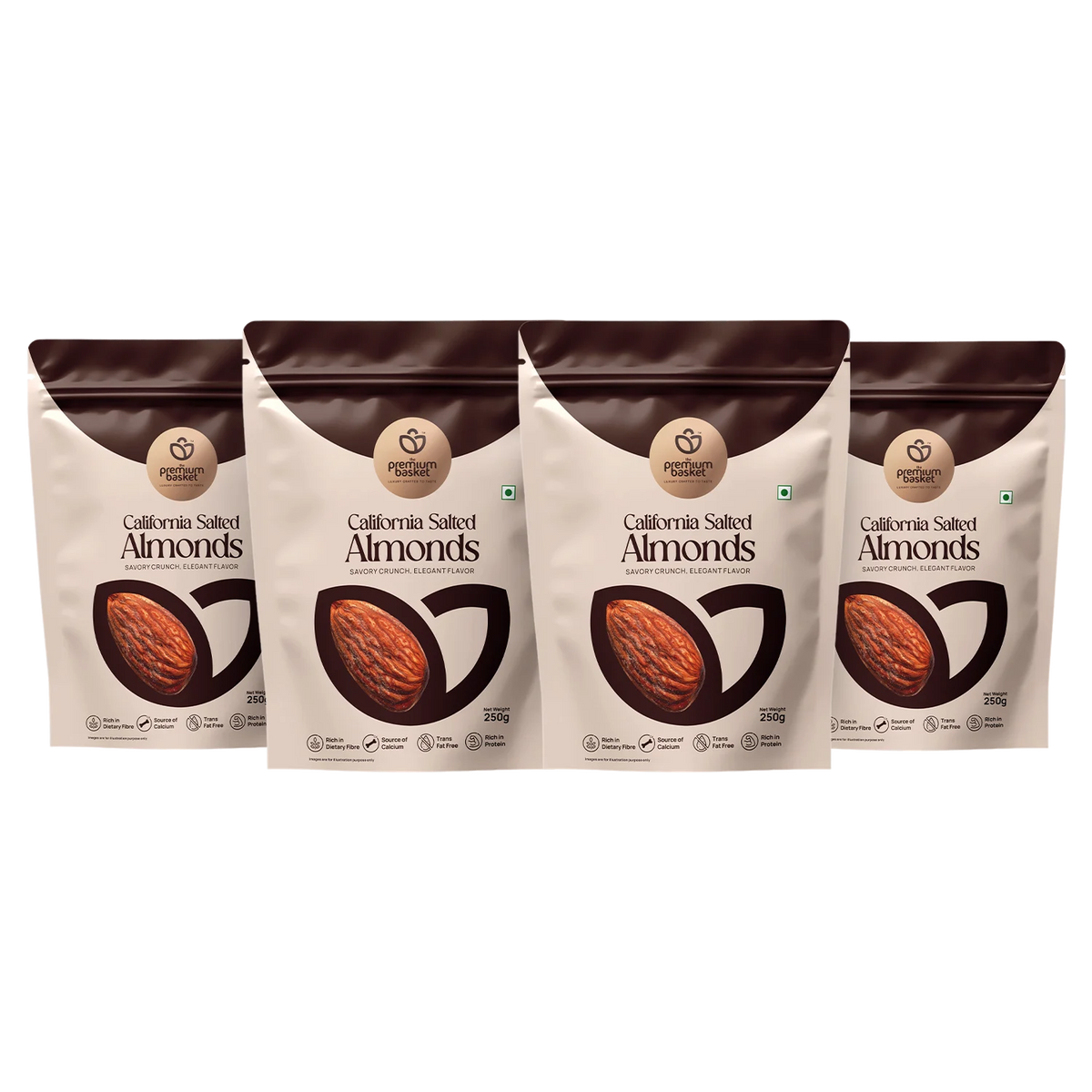 Pack of salted almond bags with brown foil tops and beige packaging with almond graphic