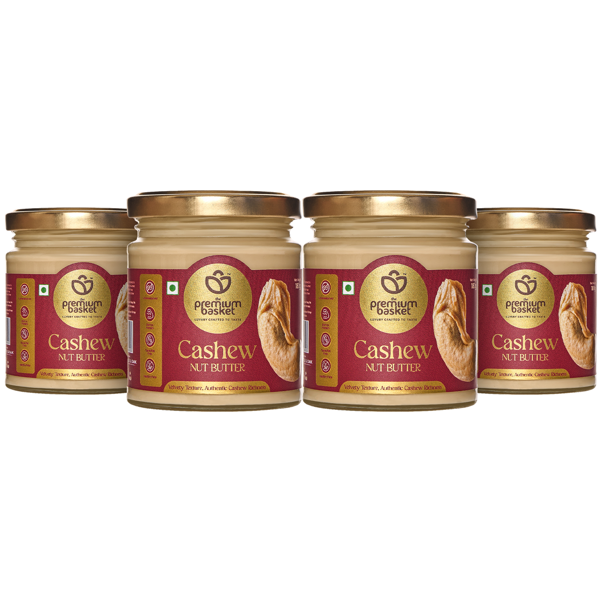 Cashew nut butter jars with gold lids and Premium Baskett labels