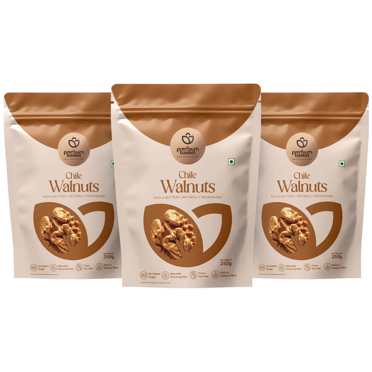 3-pack Chile walnut stand-up pouches, white with brown tops and walnut graphic