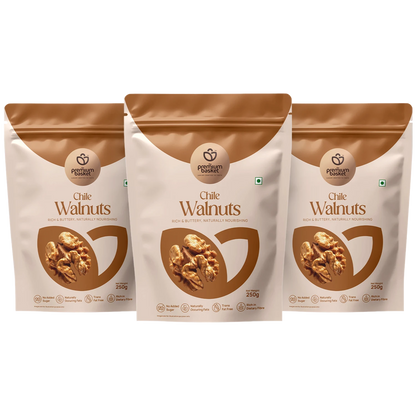 3-pack Chile walnut stand-up pouches, white with brown tops and walnut graphic