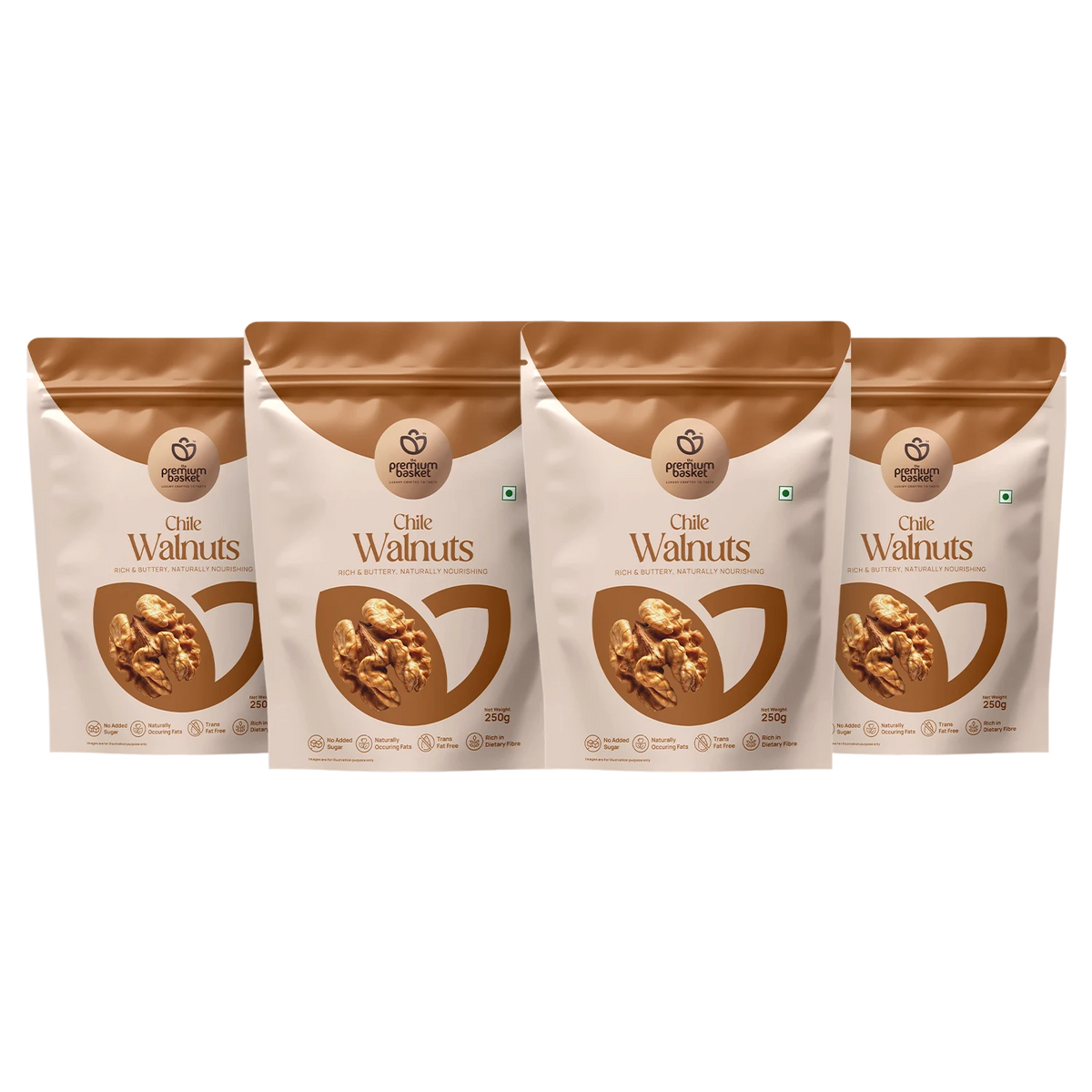 4-pack Chile walnut stand-up pouches, white with brown tops and walnut graphic