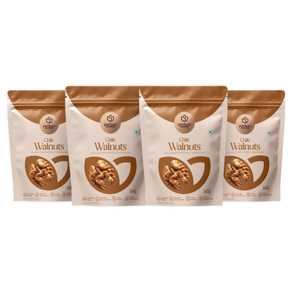4-pack Chile walnut stand-up pouches, white with brown tops and walnut graphic