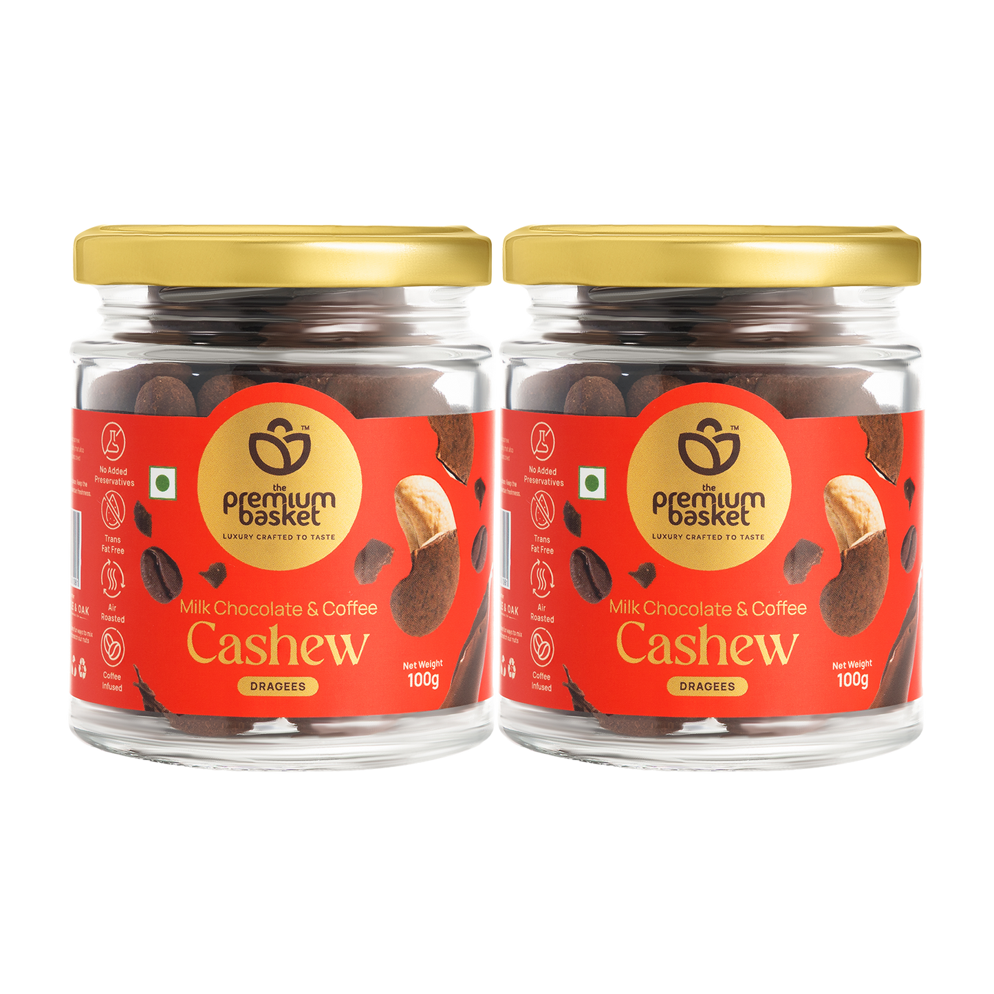 Pair of milk chocolate coffee cashew jars with gold lids