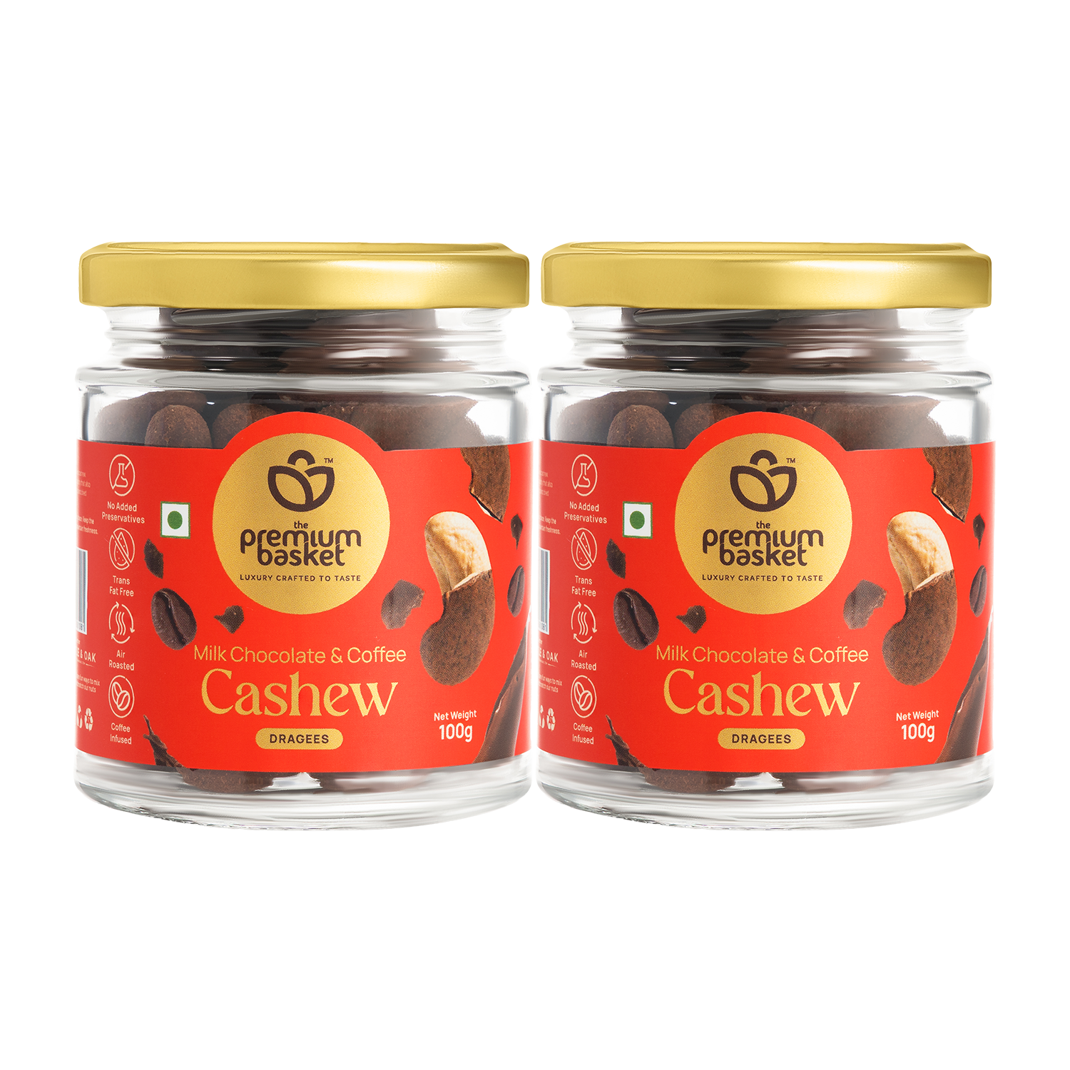 Pair of milk chocolate coffee cashew jars with gold lids