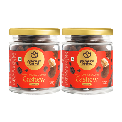 Pair of milk chocolate coffee cashew jars with gold lids