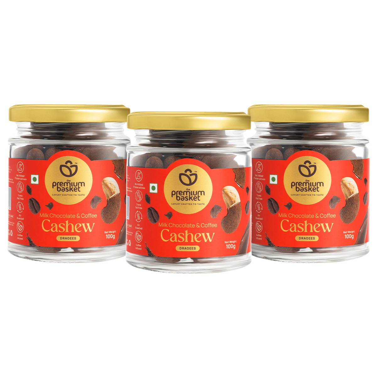 Premium Basket milk chocolate & coffee cashew 100g jar with gold lid