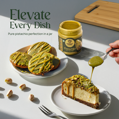 Pistachio nut butter jar with spoon and yellow-green spread