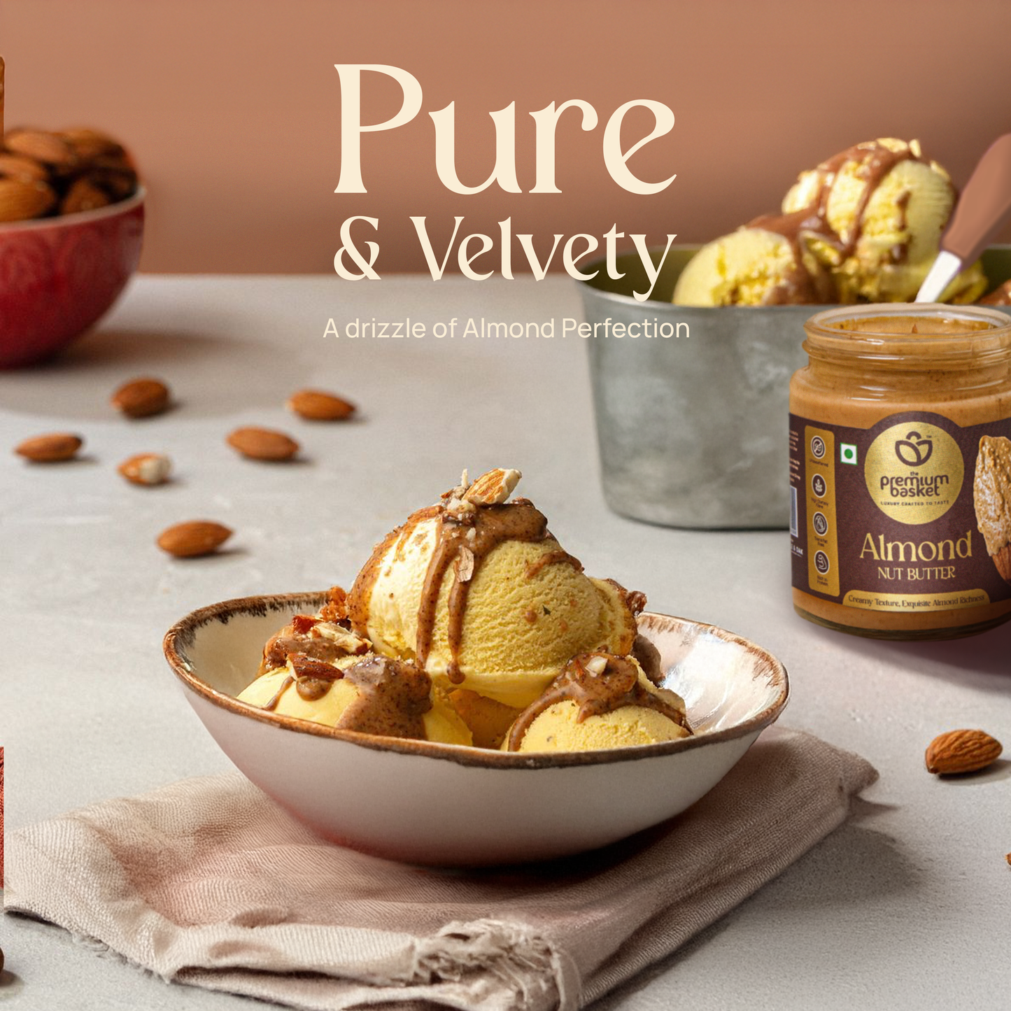 Almond nut butter jar with bread slices and scattered almonds