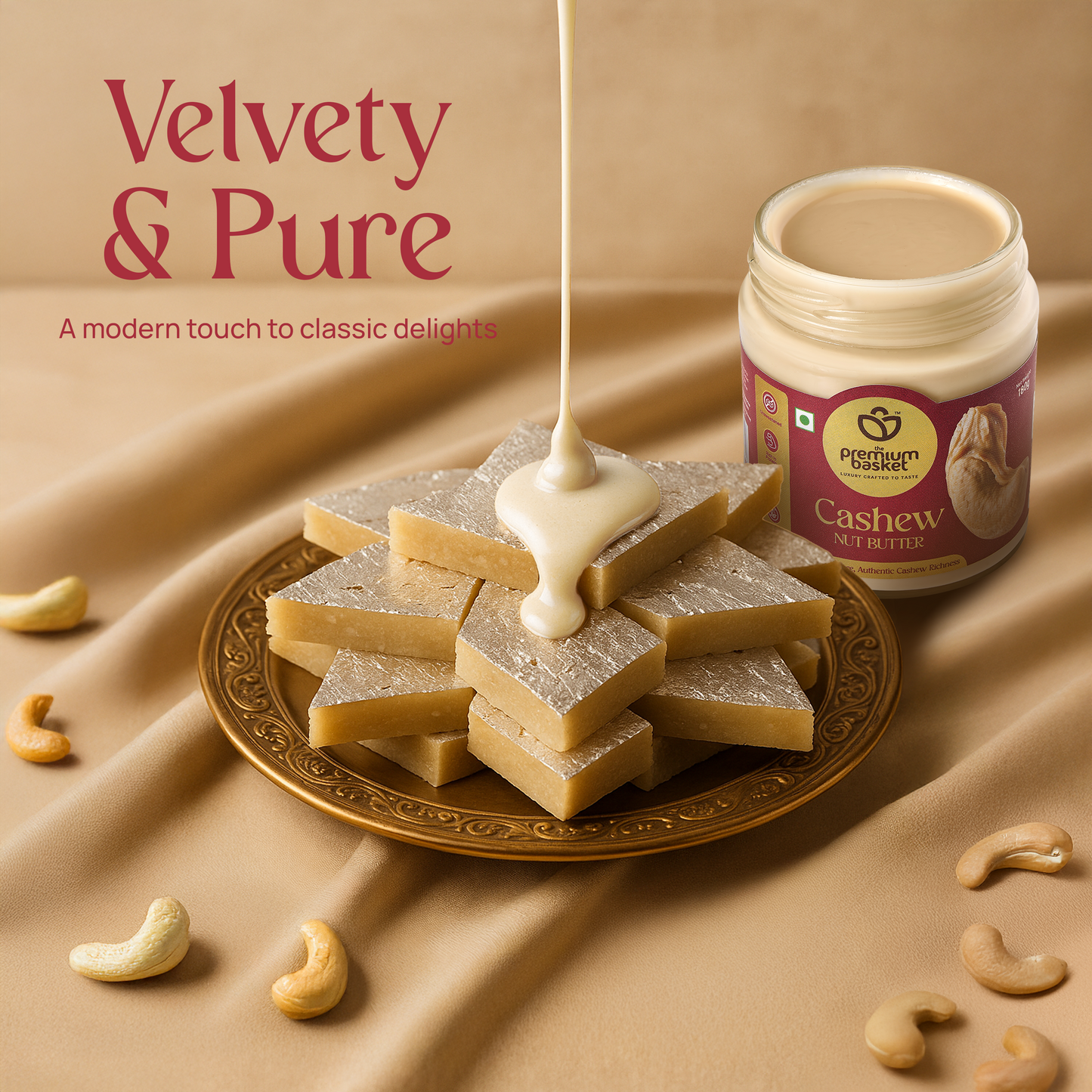 Cashew nut butter jar with smooth white drizzle and cashews